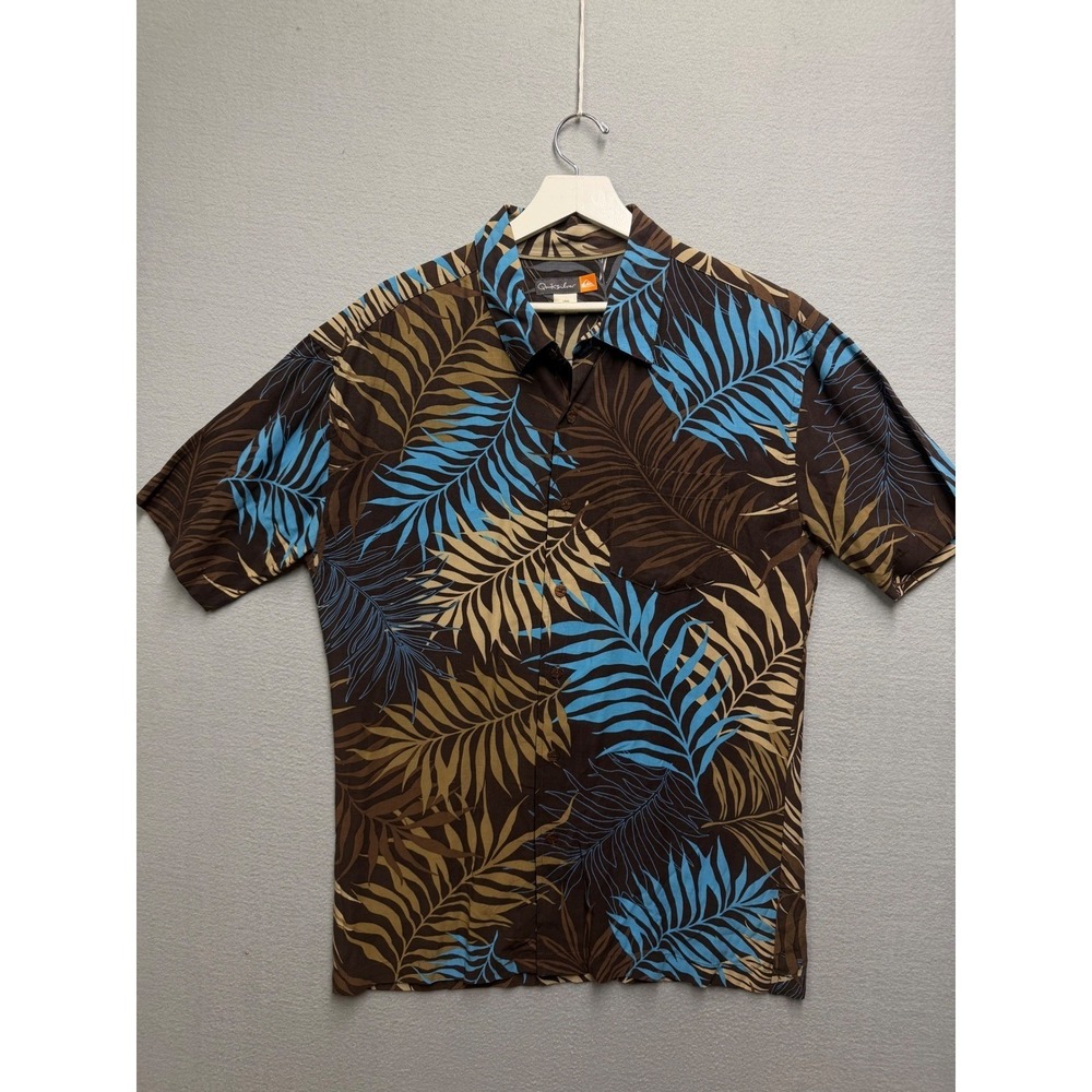 Quiksilver button aloha shirt Mens silk Brown Blue Tropical Leaf Short Sleeve L